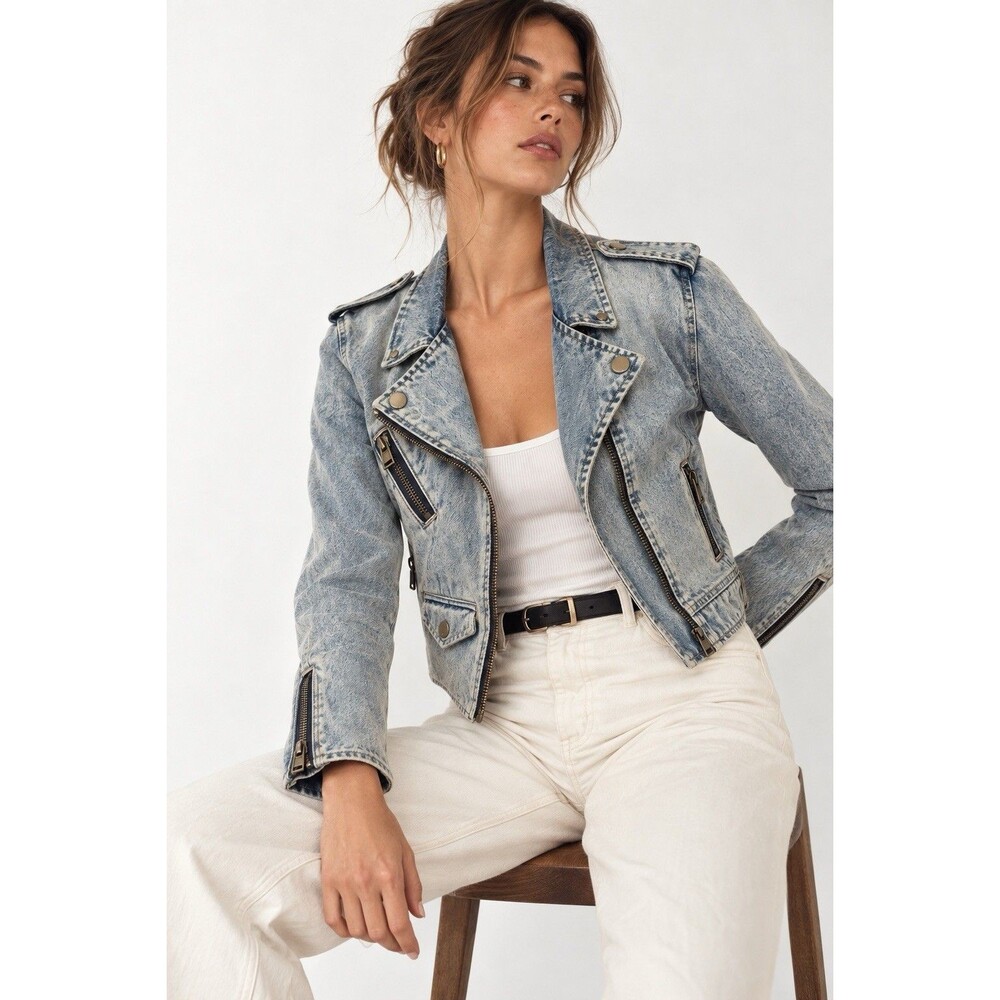 Gap 1969 Women’s Sz S MOTO Jacket Acid Wash Blue Rip Denim Zippers Cropped Y2K